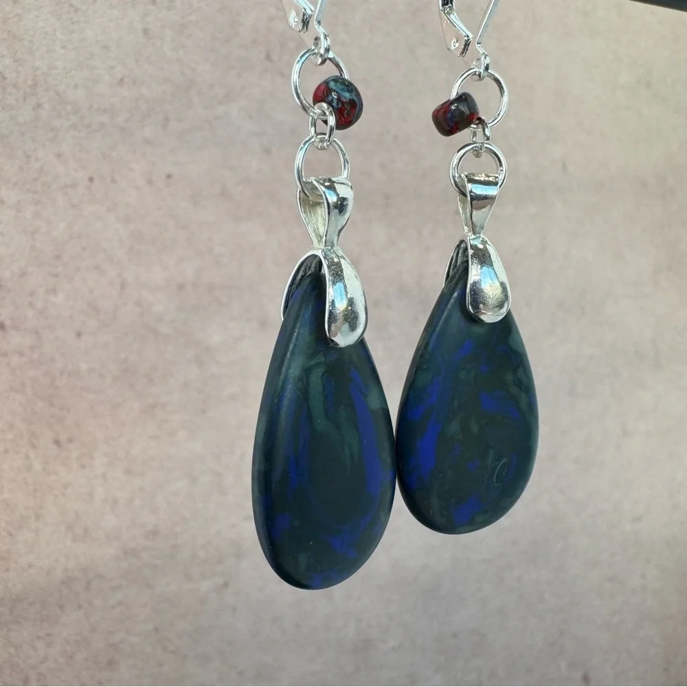 HAND CRAFTED Czech Glass Teardrop EARRINGS Matte Cobalt Blue Picasso NWT